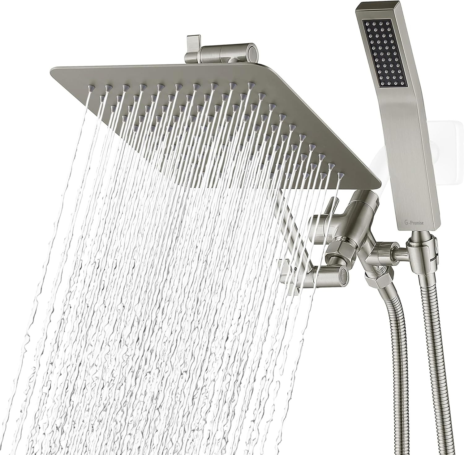 All Metal 8 Inch Dual Square Shower Head with Handheld Spray Combo, Rain Shower