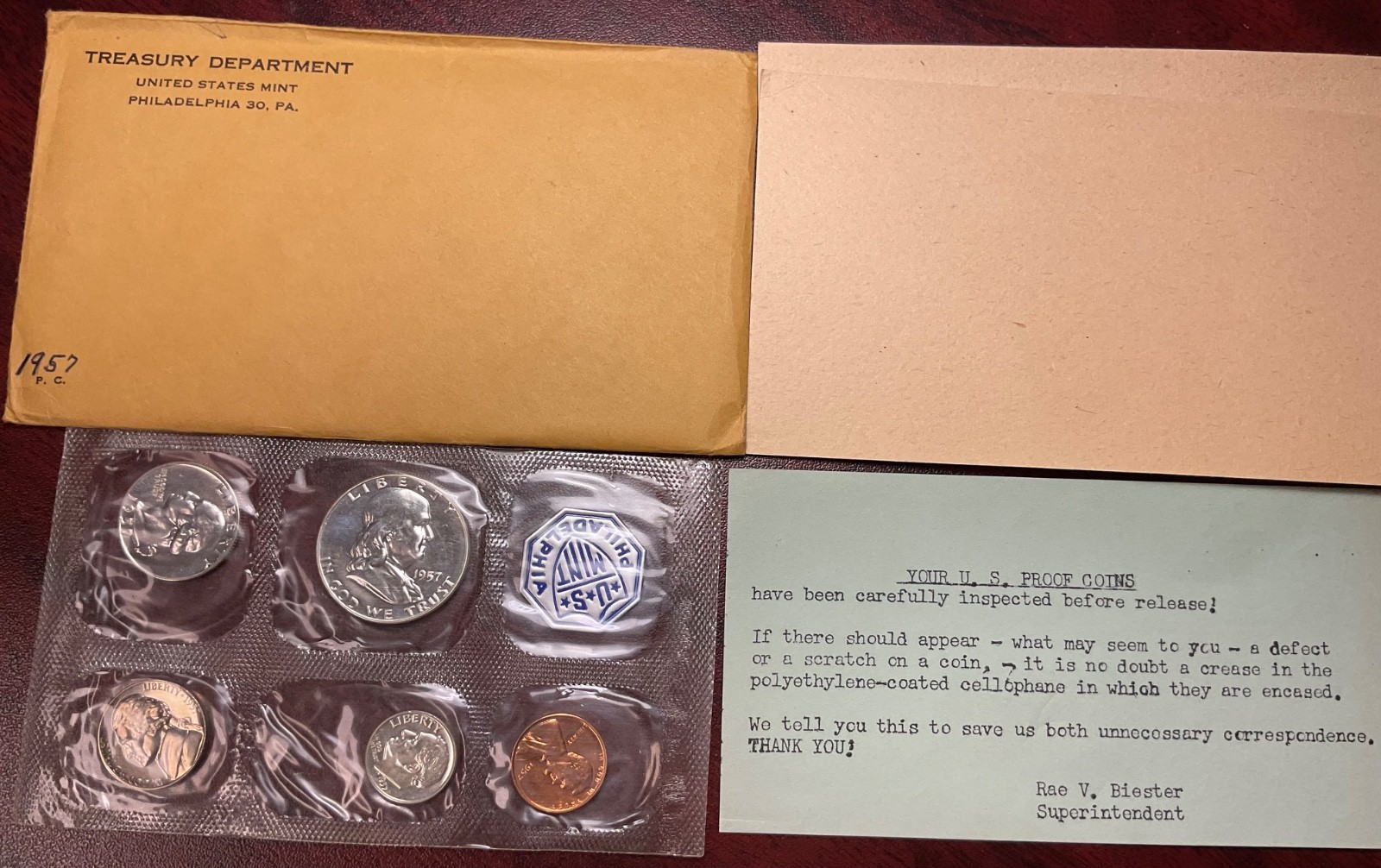 1957 United States Proof Set – 5 coins, envelope and COA