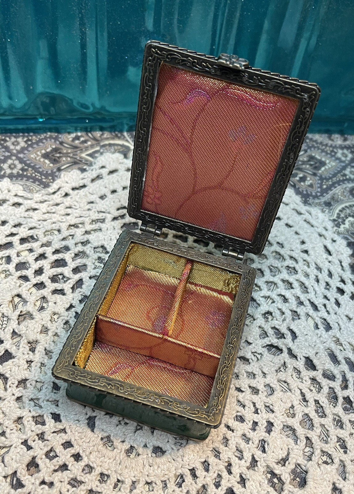 Enameled Painted Fabric Lined Brass Trinket Box