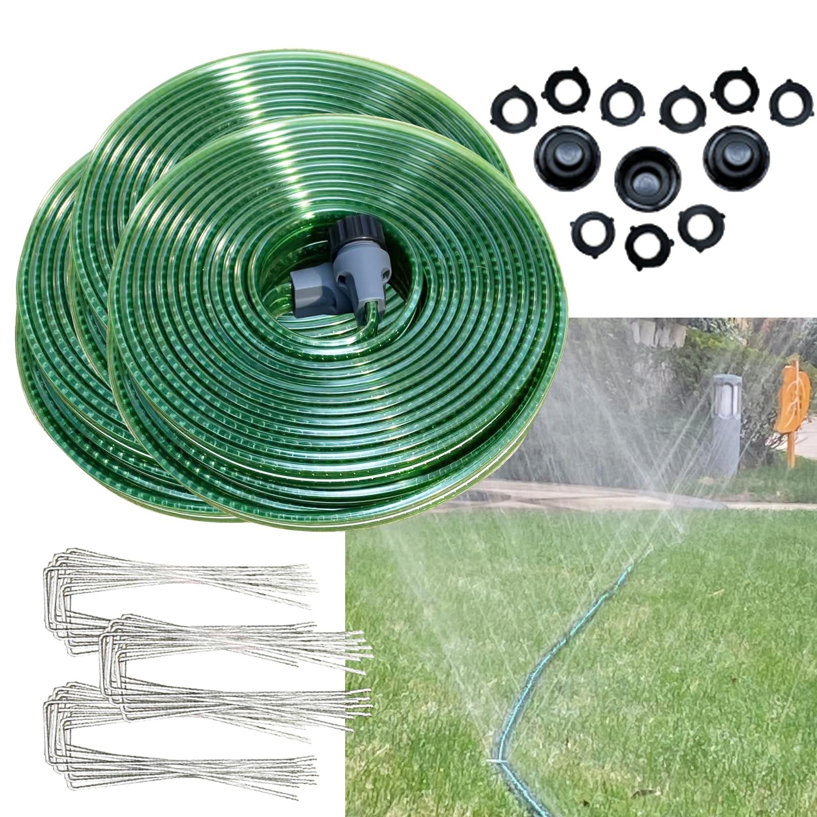 SECBULK 503 Flat Sprinkler Hose 150 FT (50FT*3) with Holes Stakes Heavy Duty