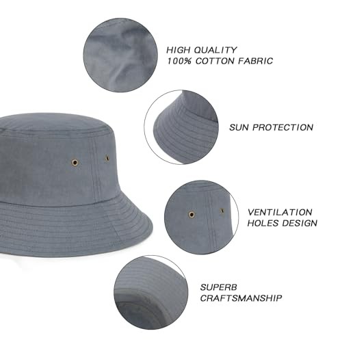 BOTVELA Men Cotton Bucket Hats Foldable Outdoor Sun Hat Unisex 7 1/8-7 1/4 Grey