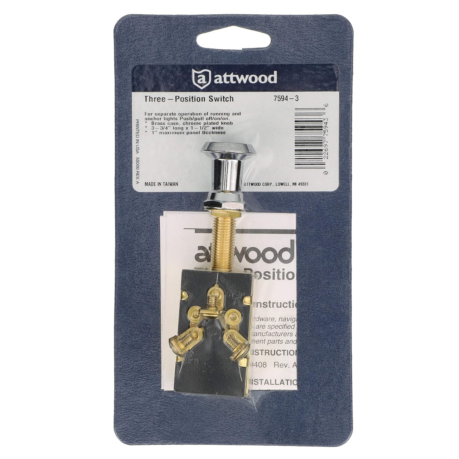 Marine 12V Brass Push/Pull Switch - Three-Position Control for Lighting