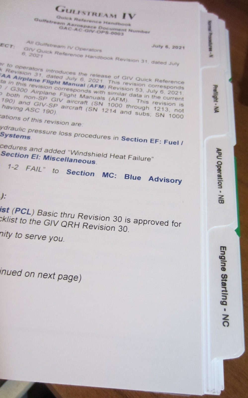 AIRCRAFT MANUAL GULFSTREAM GIV QUICK REFERENCE HANDBOOK 2021