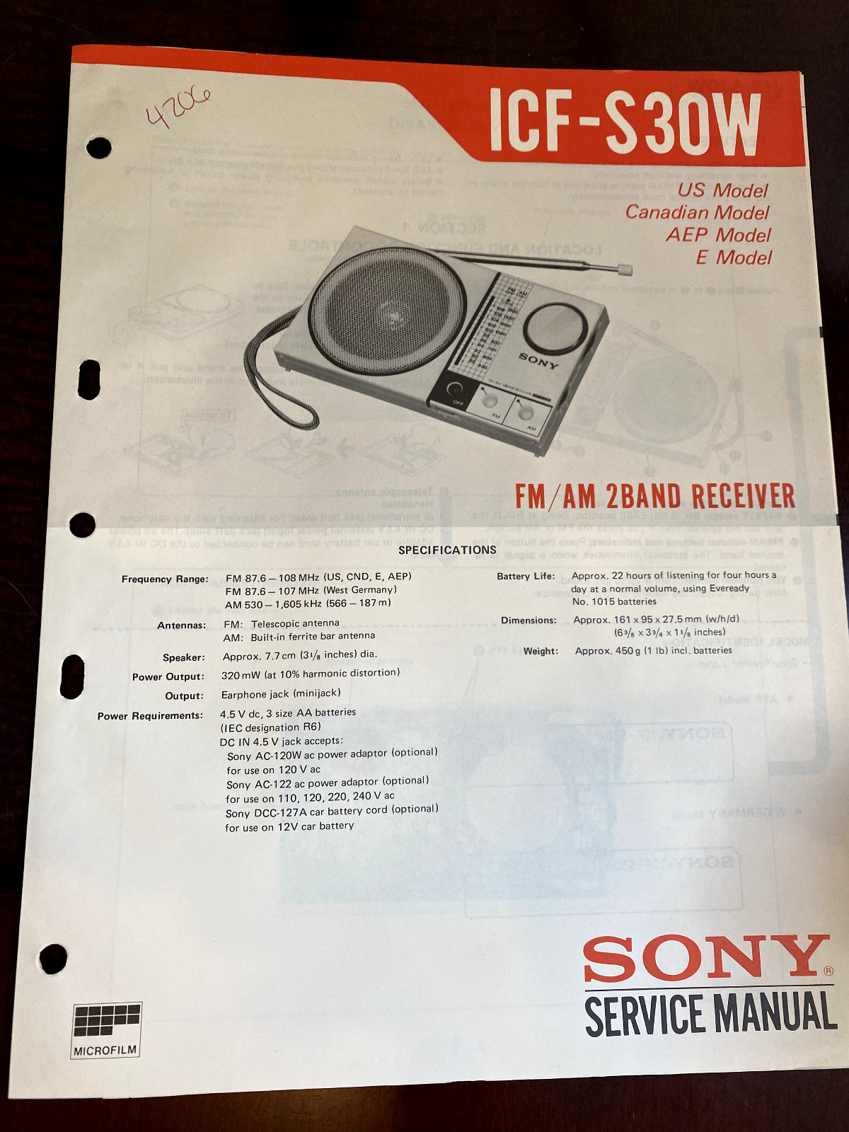 SONY ICF-S30W ICFS30W Service Manual FROM THE USA **ORIGINAL** 4206 6914