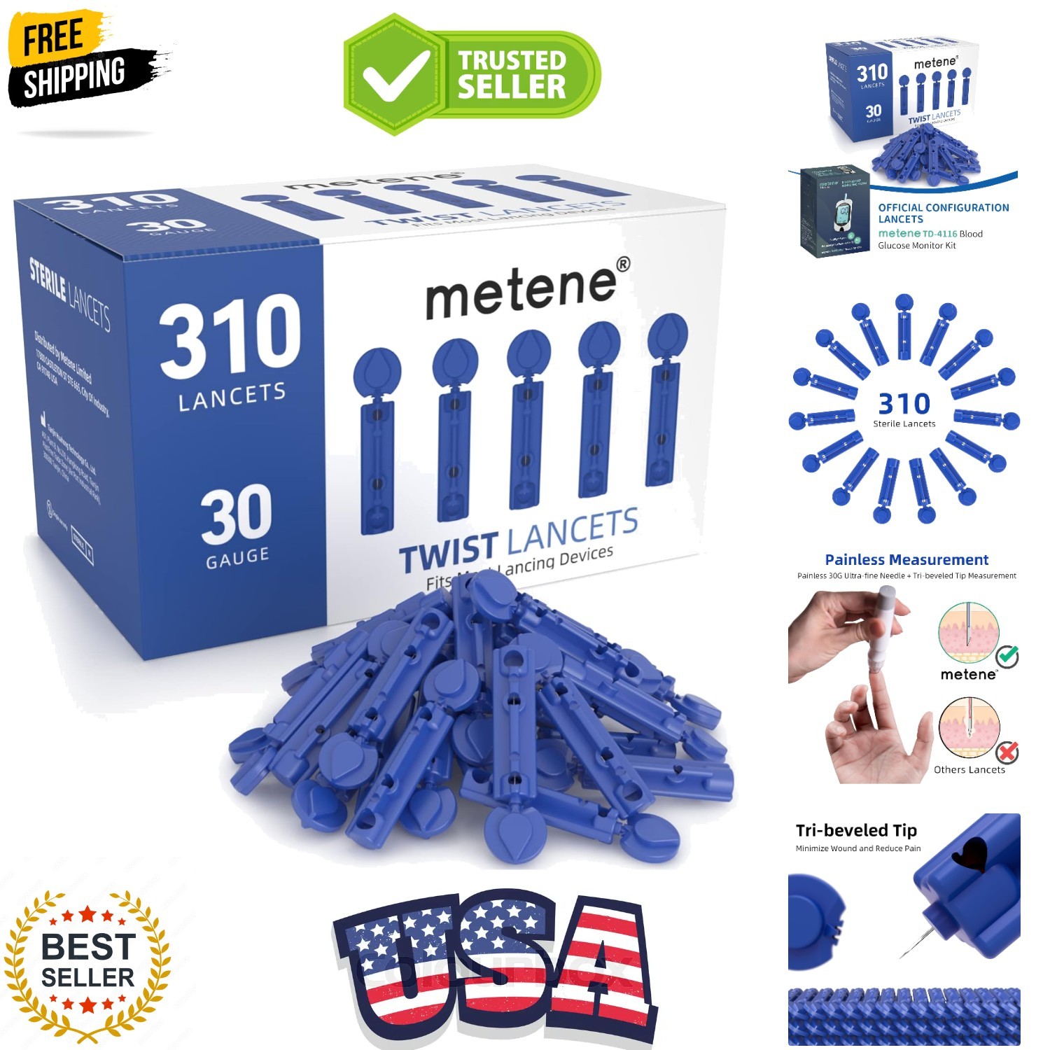 310 Count 30 Gauge Sterile Lancets for Blood Sugar , Dark Blue