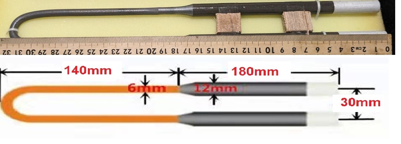 MoSi2 Heat Element 1700C 6/12 (Moly Disilicide) Le=140mm, Lu=180mm,A=30mm