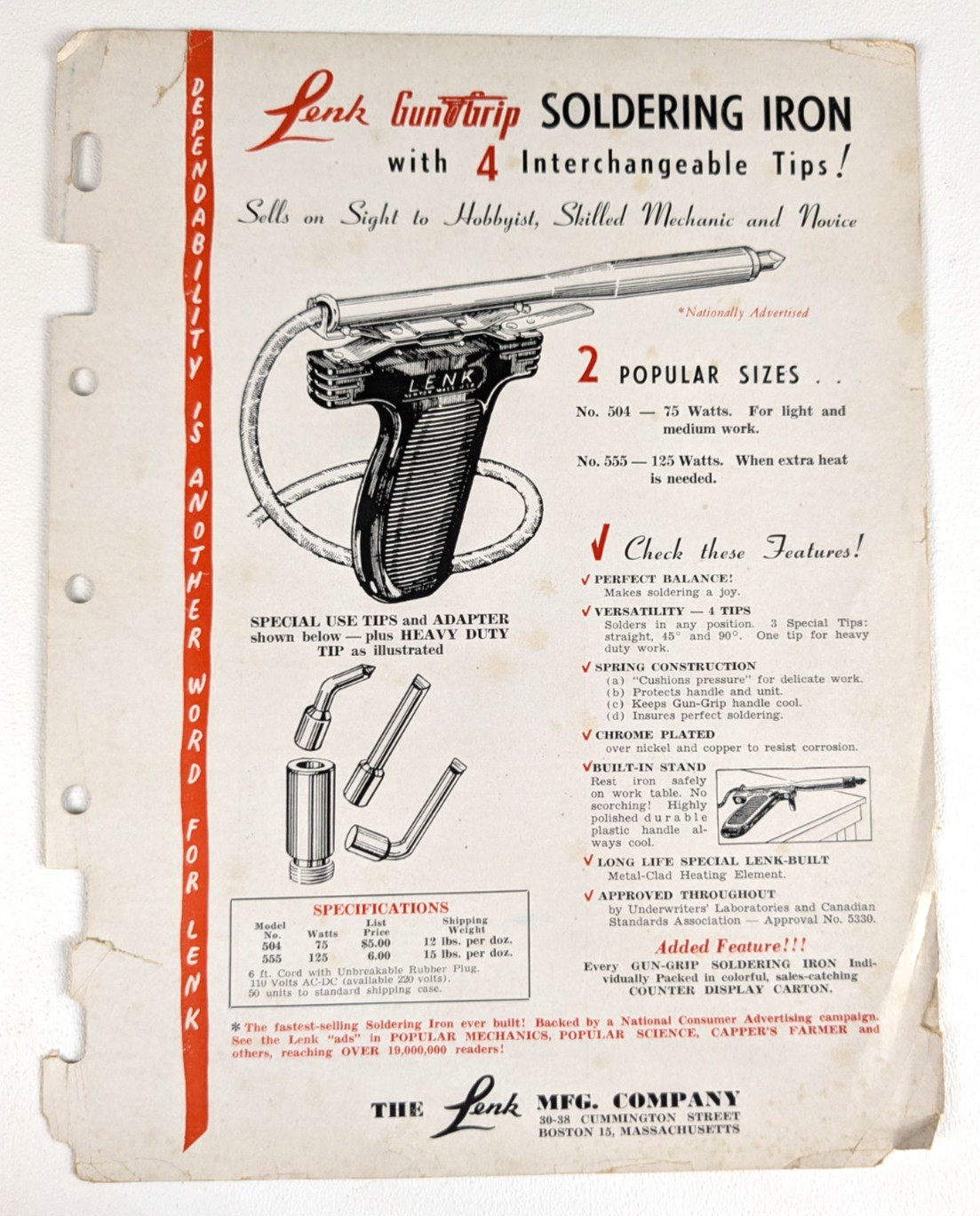 C1940s - Lenk Gun Grip Soldering Iron Advertisement Sheet -B27