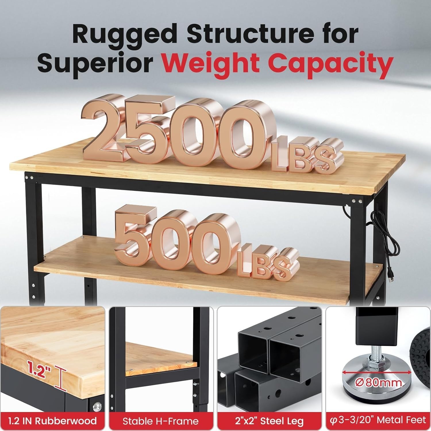 Work Table for Garage 60 Inch Workbench with Storage Adjustable Height Rubber Wo