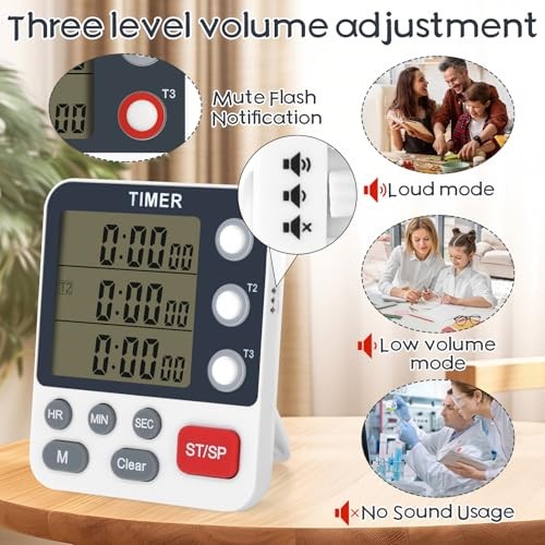 2Pcs Digital Dual Kitchen Timer,3-Channel Magnetic Countdown Stopwatch Timer
