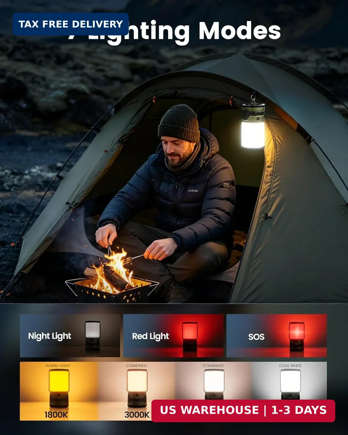 1200LM LED Camping Lantern Rechargeable, 7 Light Modes, 5000mAh Power
