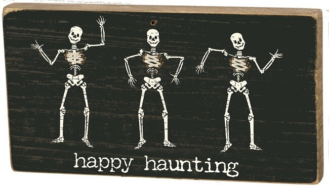 NEW!~Primitive Wood Stitched Art Block Sign~ "Happy Haunting" Halloween Skeleton
