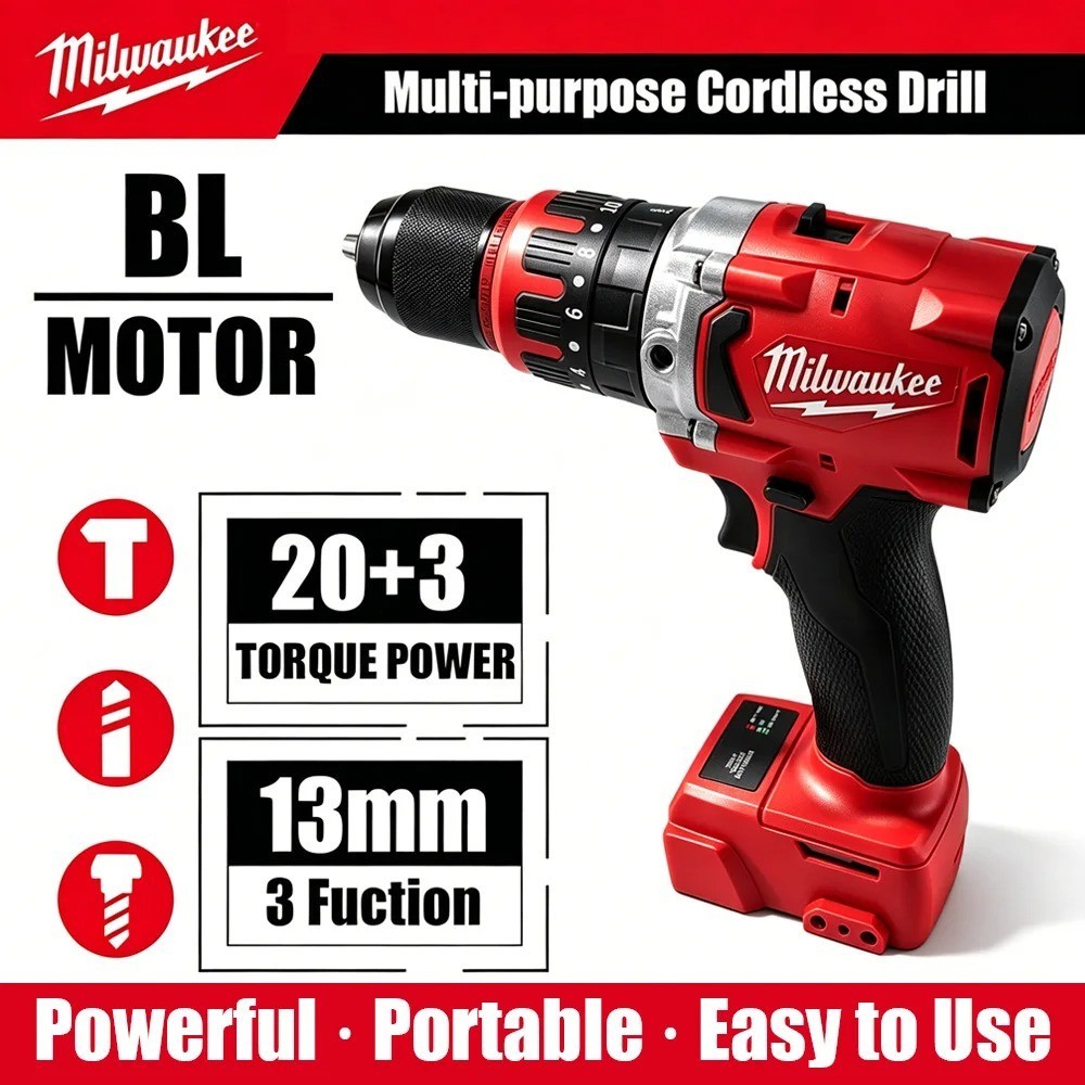 Milwaukee 18V Brushless Cordless Drill Driver 13mm Keyless Chuck Impact Drill
