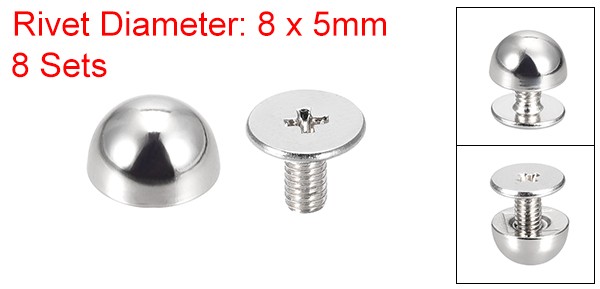 Screw Back Rivets, 8 Sets 8x5mm Round Rivet Leather Spike, Silver Tone