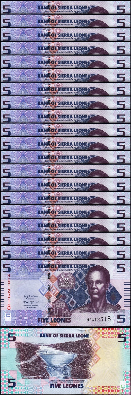 Sierra Leone 5 Leones 2022, UNC, 20 Pcs LOT, Consecutive, P-36 New Design