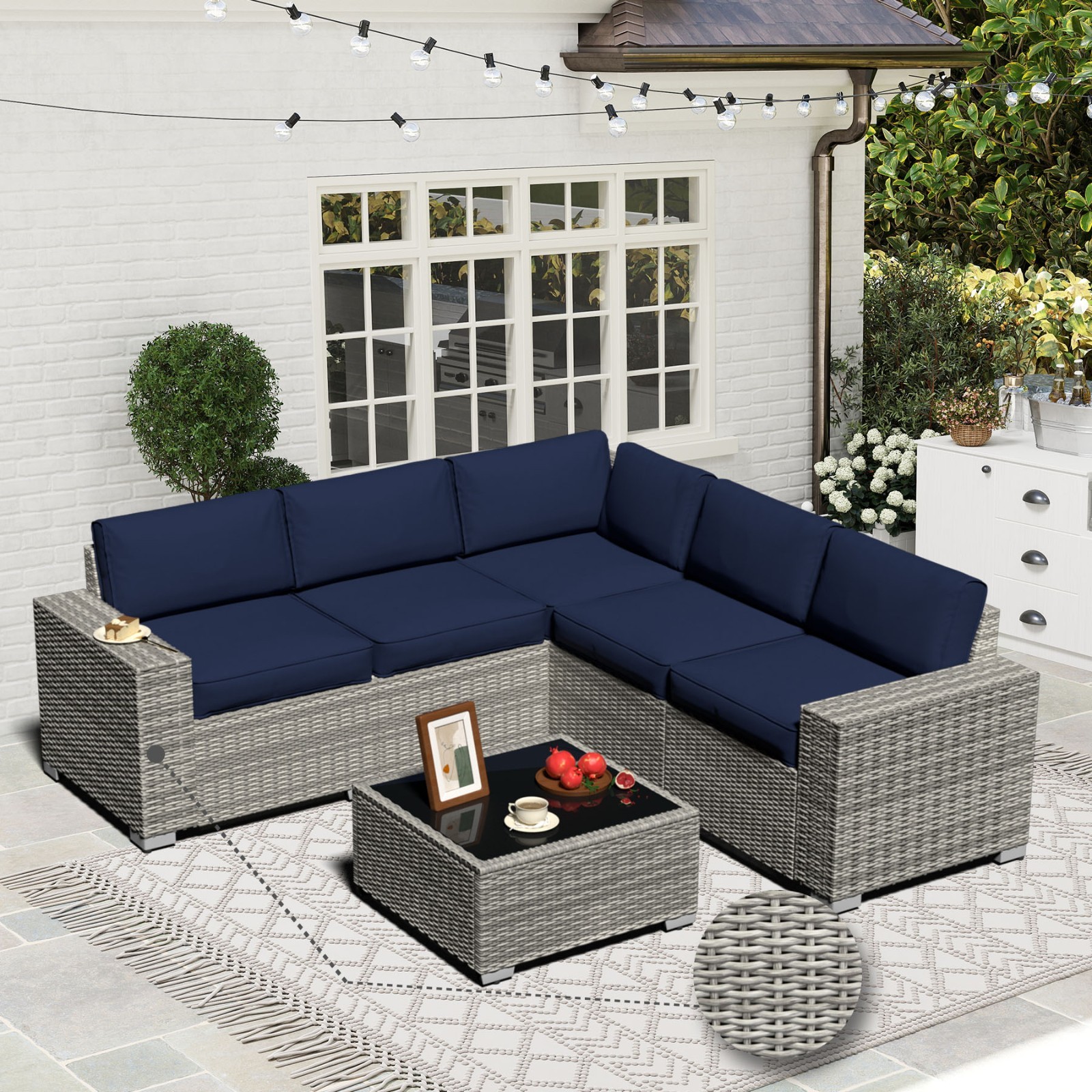 6pcs Outdoor Patio Furniture Set, PE Rattan Sectional Couch with Thick