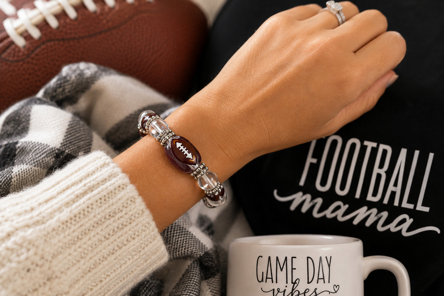 Football Bracelet Clear Bead Sport Clear Handmade Beaded Stretch Bracelet