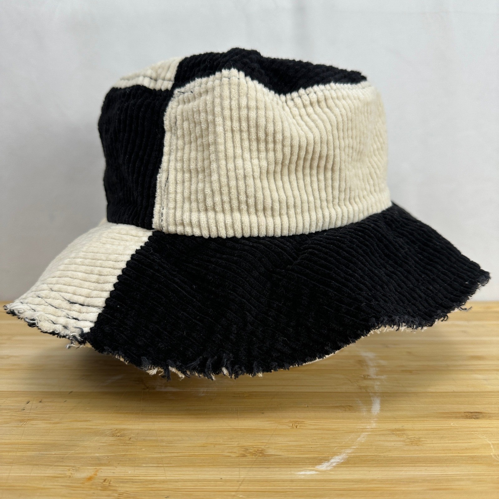 BDG Urban Outfitters Black White Corduroy Bucket Hat Frayed Colorblock Patch