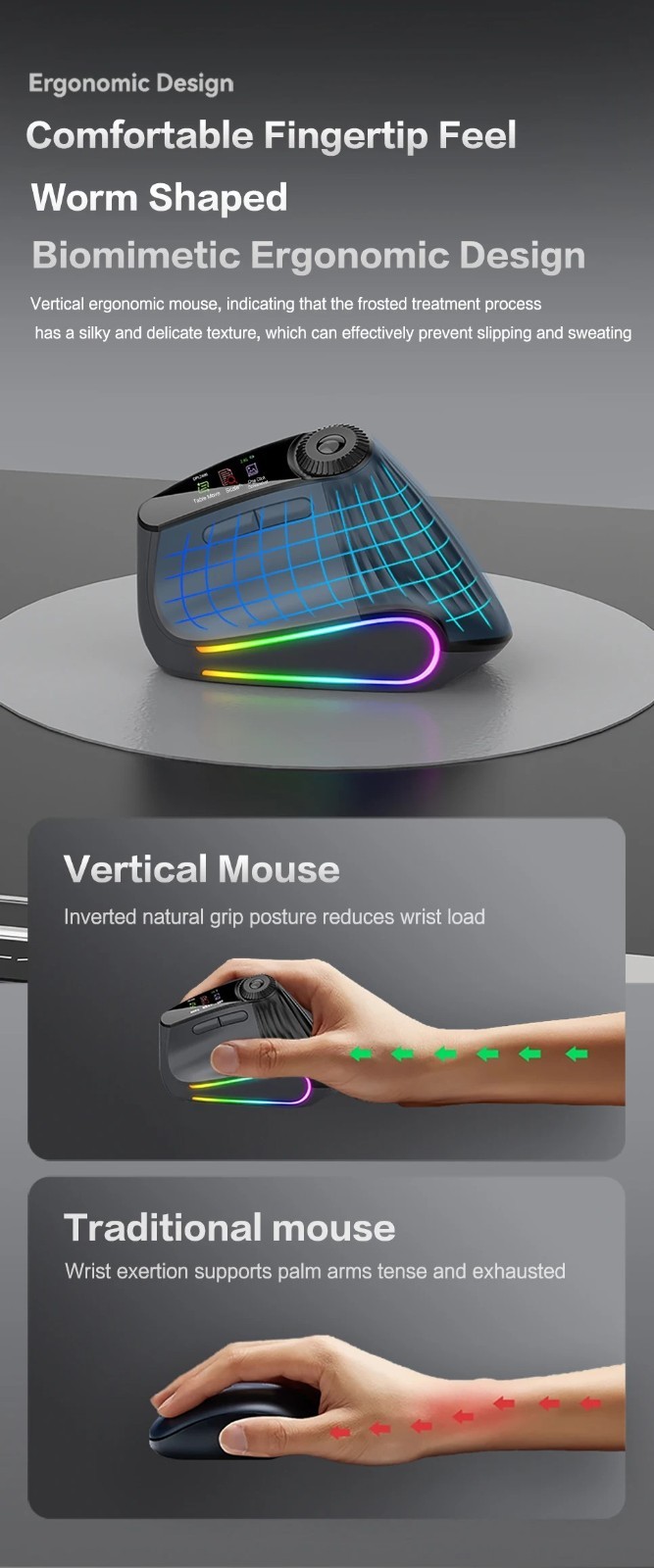 Backlit Wireless Ergonomic Mouse Bluetooth 2.4G Rechargeable w/ Smart Scroll