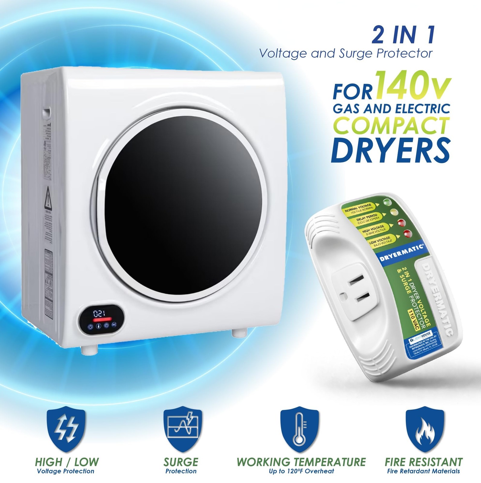 Dryermatic, 2-in-1 Electronic Voltage & Surge Protector for Compact 110V and ...