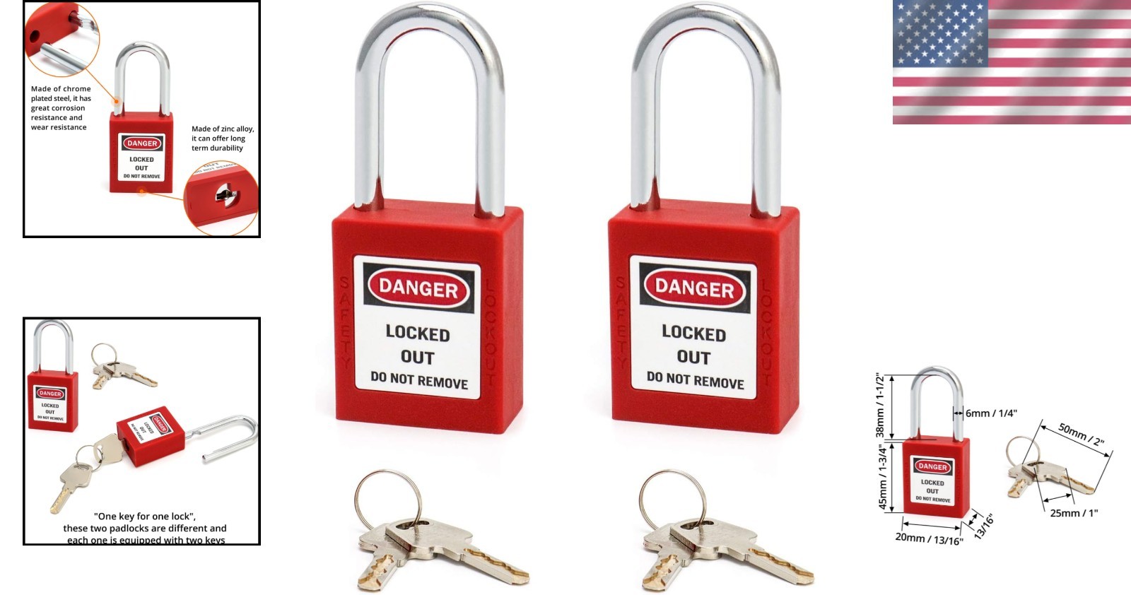 Anti-Bump Red Lockout Padlock with Writable Labels - 2 Pack for Workplace Safety