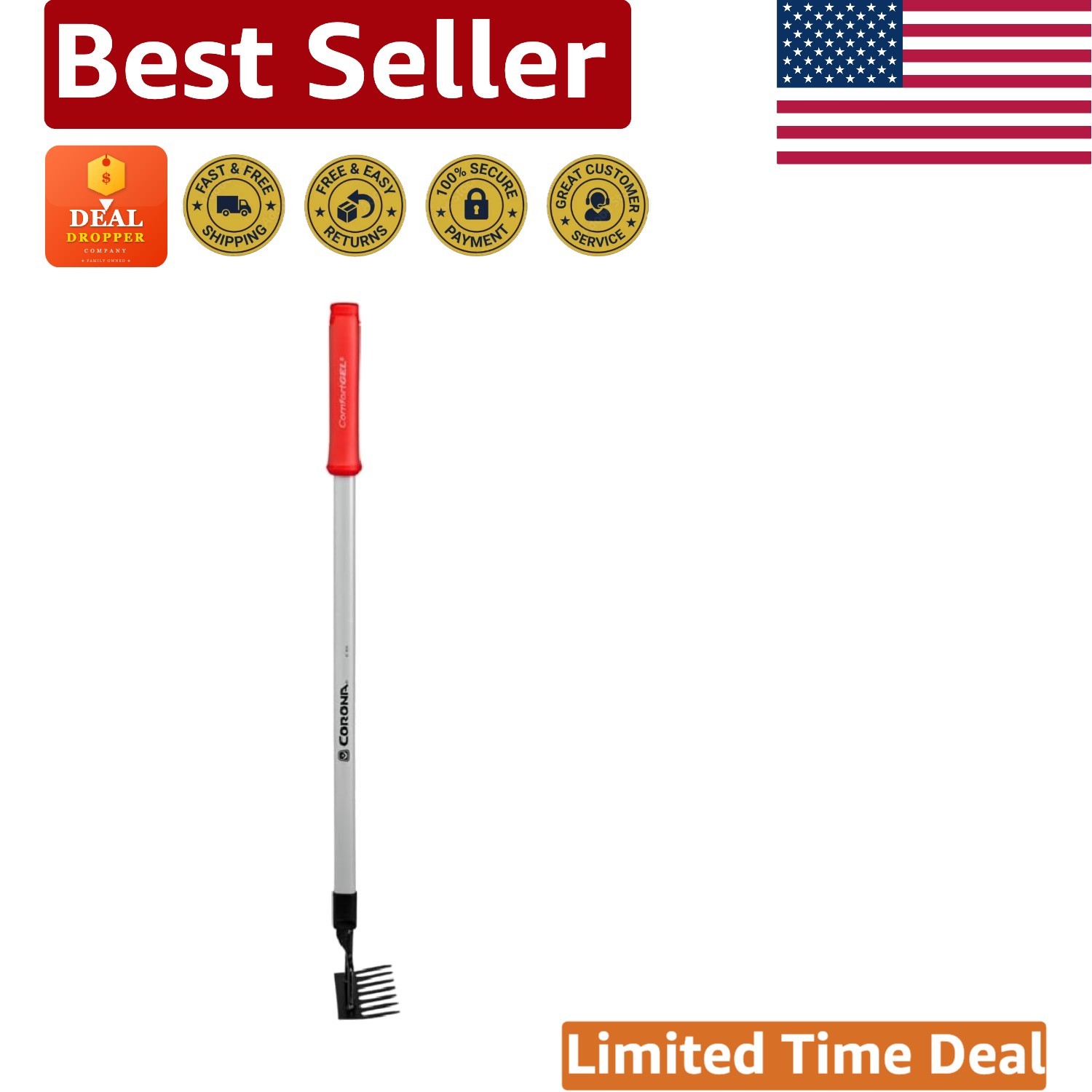 Precise 7-Tine Garden Rake with Long Handle - Ideal for Tight Spaces & Cleanup