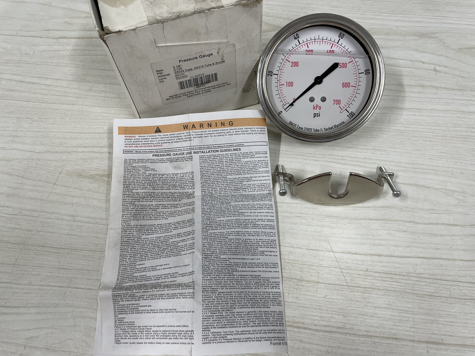 NEW Grainger 316 SS Tube and Socket Pressure Gauge 0-100 PSI 3.5"