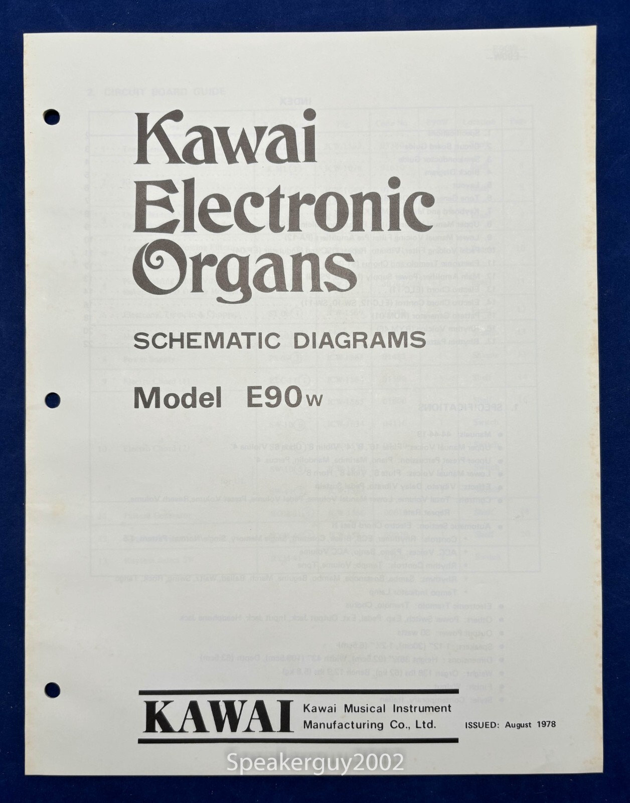 Original Kawai Electronic Organ Schematic Diagrams Manual / E90W