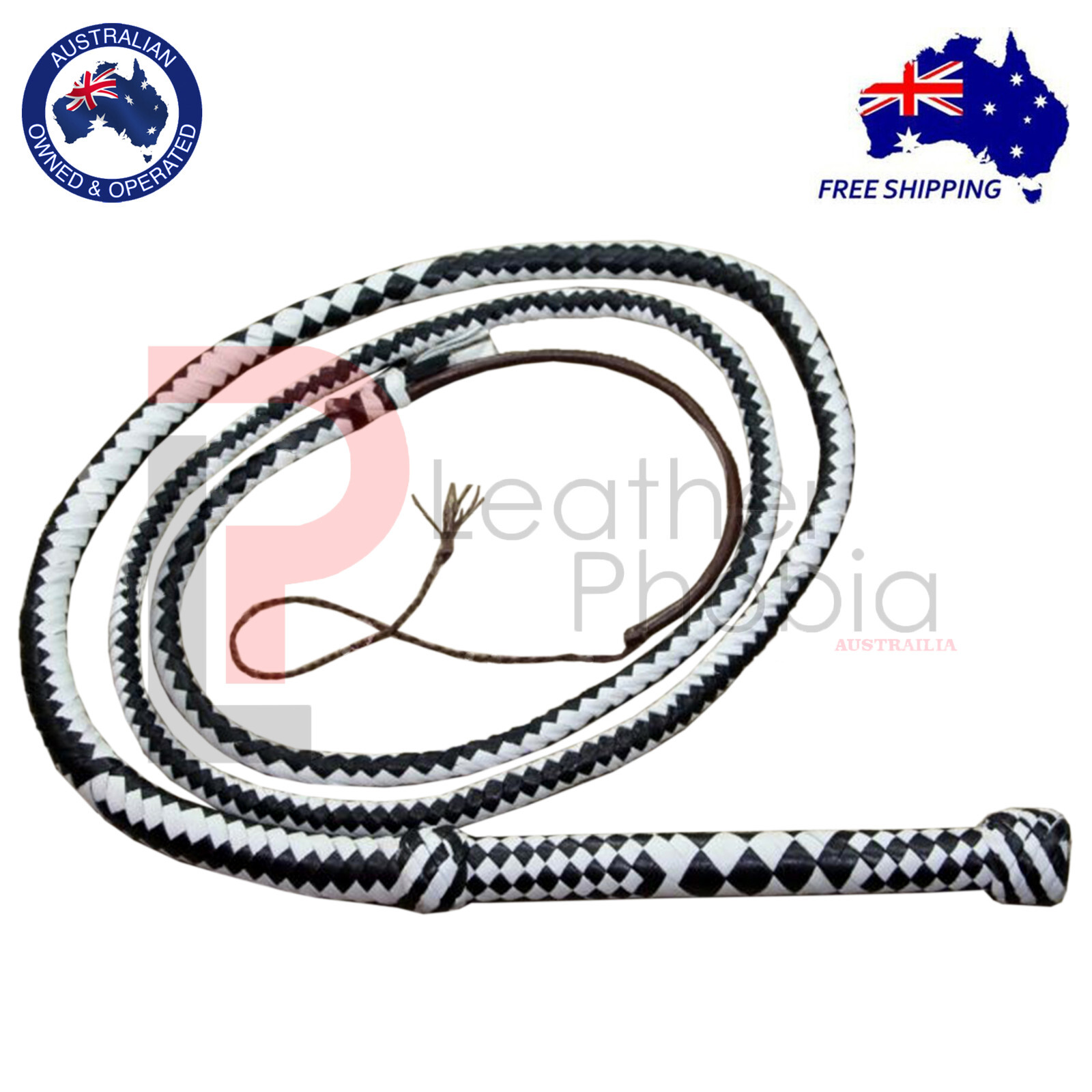 Genuine Cow Hide Leather Heavy Duty Bullwhip Black/White 08 Feet Long 12 Plaits