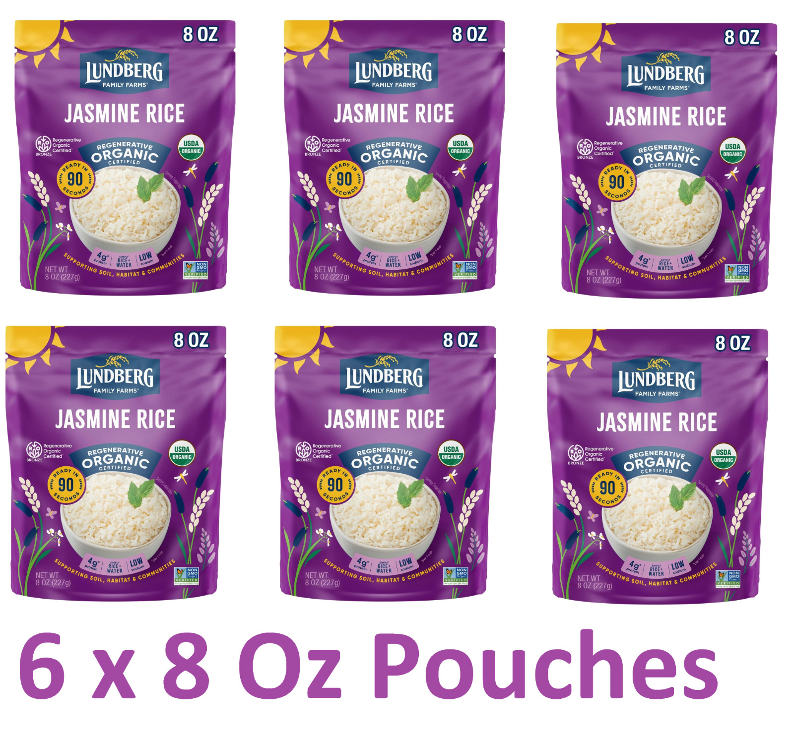 Lundberg Organic Jasmine Rice 8 Ounce Gluten Free Non Gmo ( 6 x PACK)
