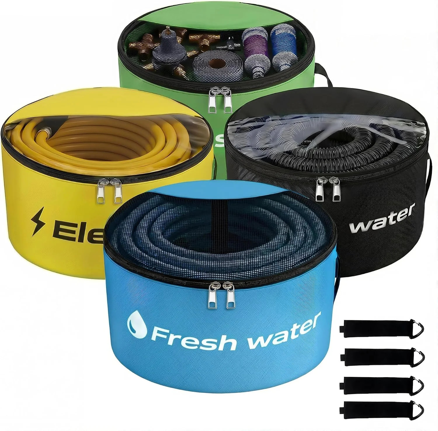 4 Pack RV Hose Storage Bags with 4 Straps, Zippered, Waterproof | Two-way zipper
