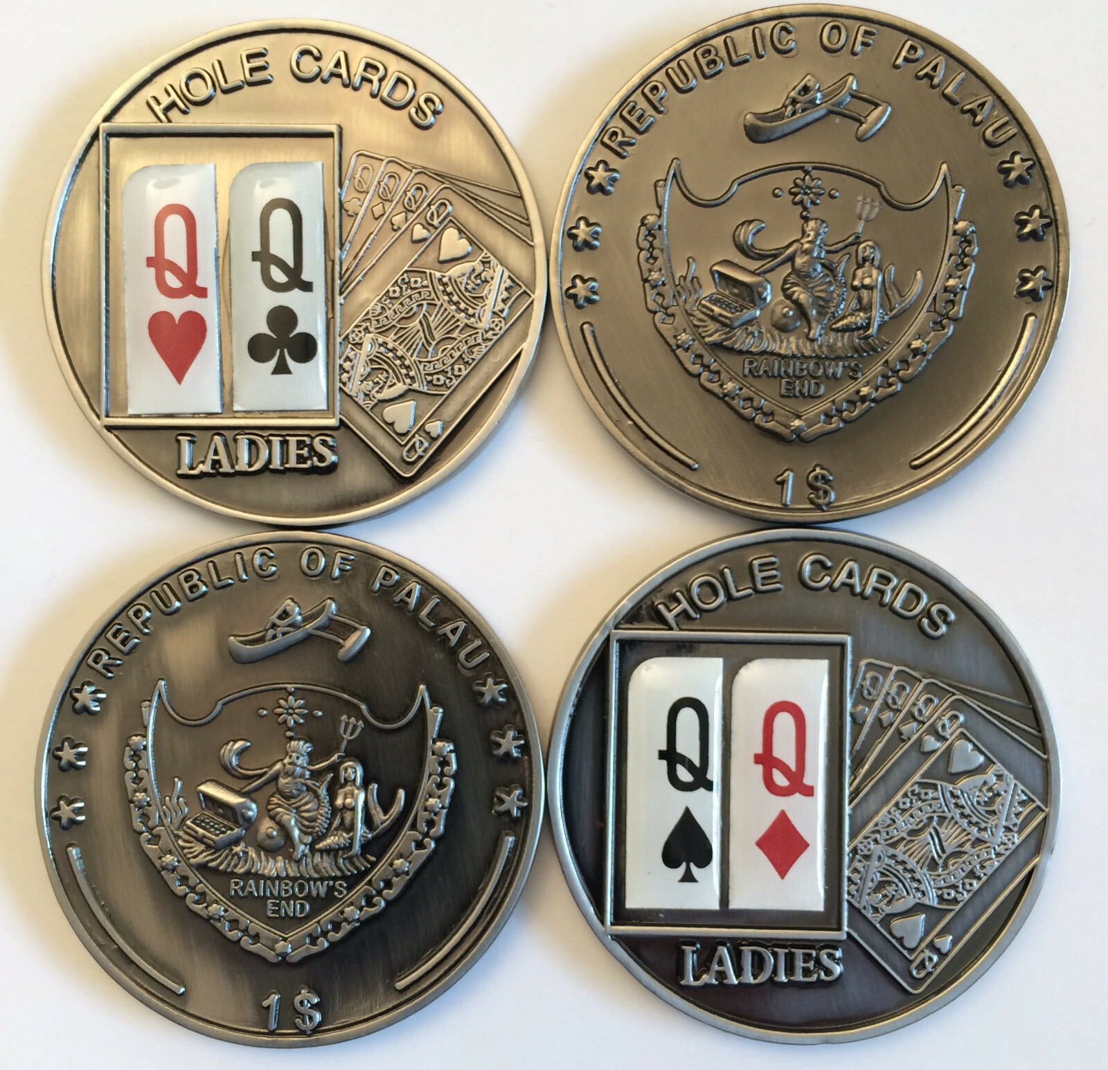 Palau POKER HOLE CARDS Queens Heart Club Diamond Spade $1 Pair Ladies 2-Coin Set