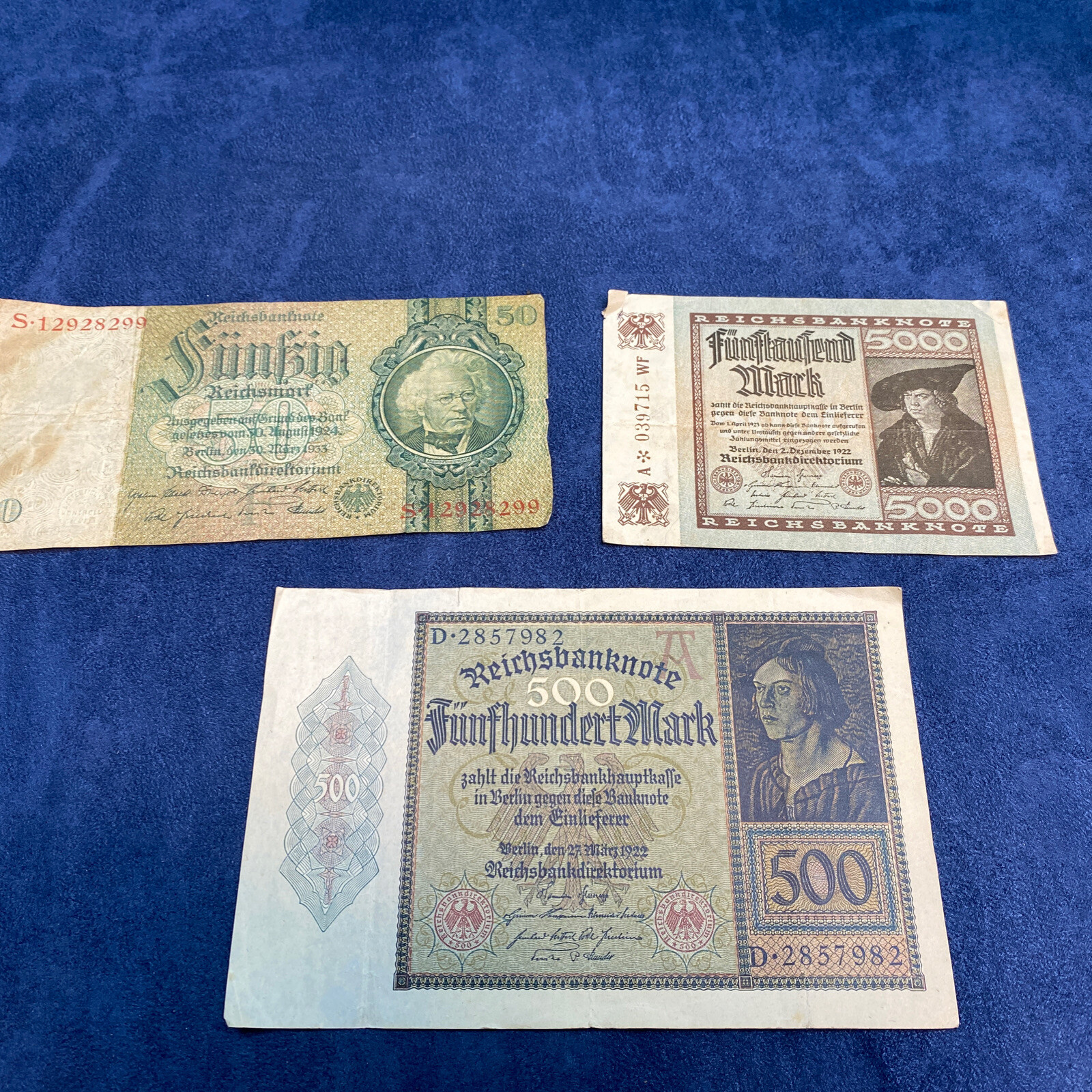 3pc Lot Reichbanknote, 50, 500, 5000
