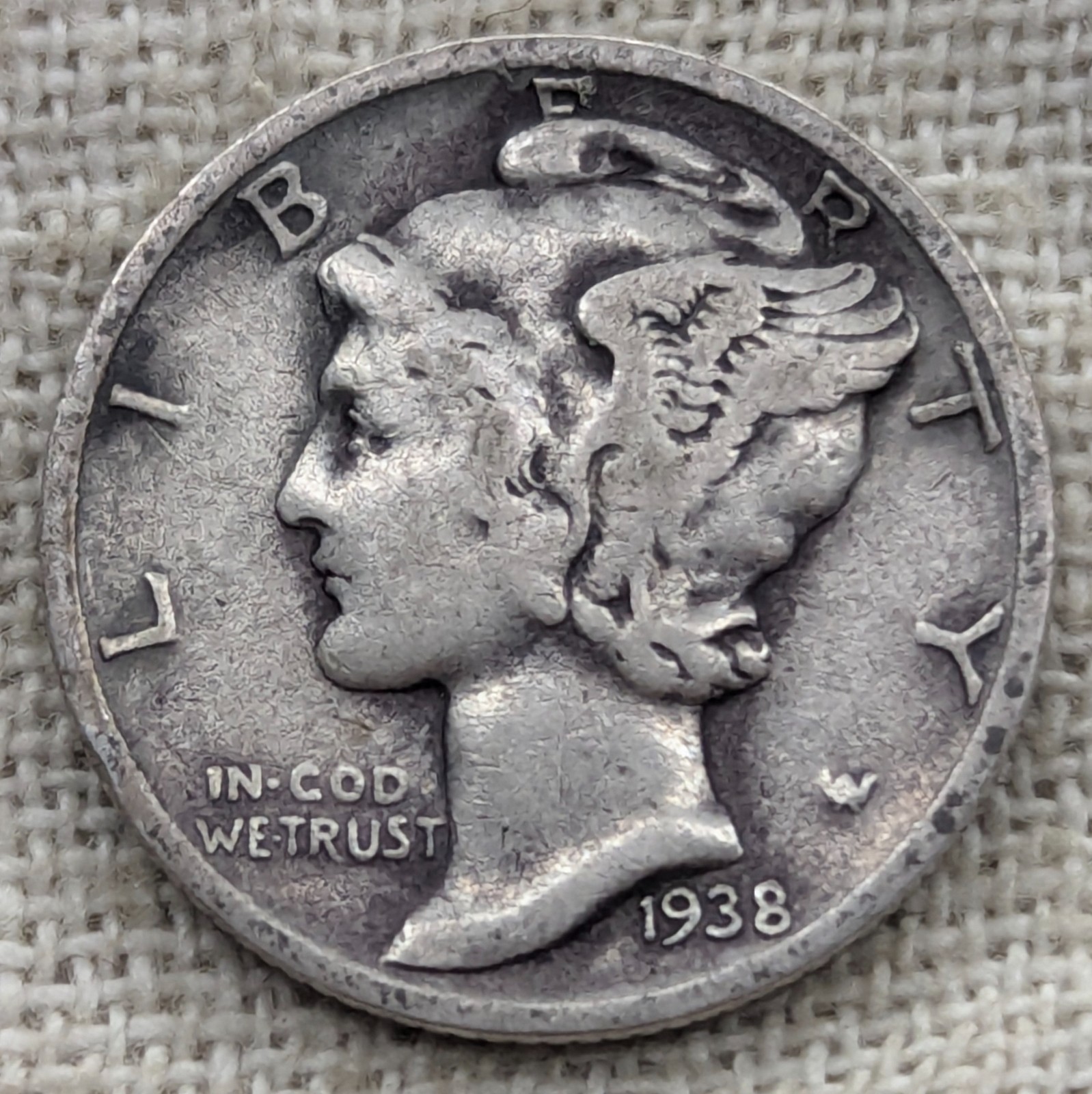 1938 D Mercury Dime Fine/VF : Low Mintage 5.5M, Denver Mint - .9 Fine Silver