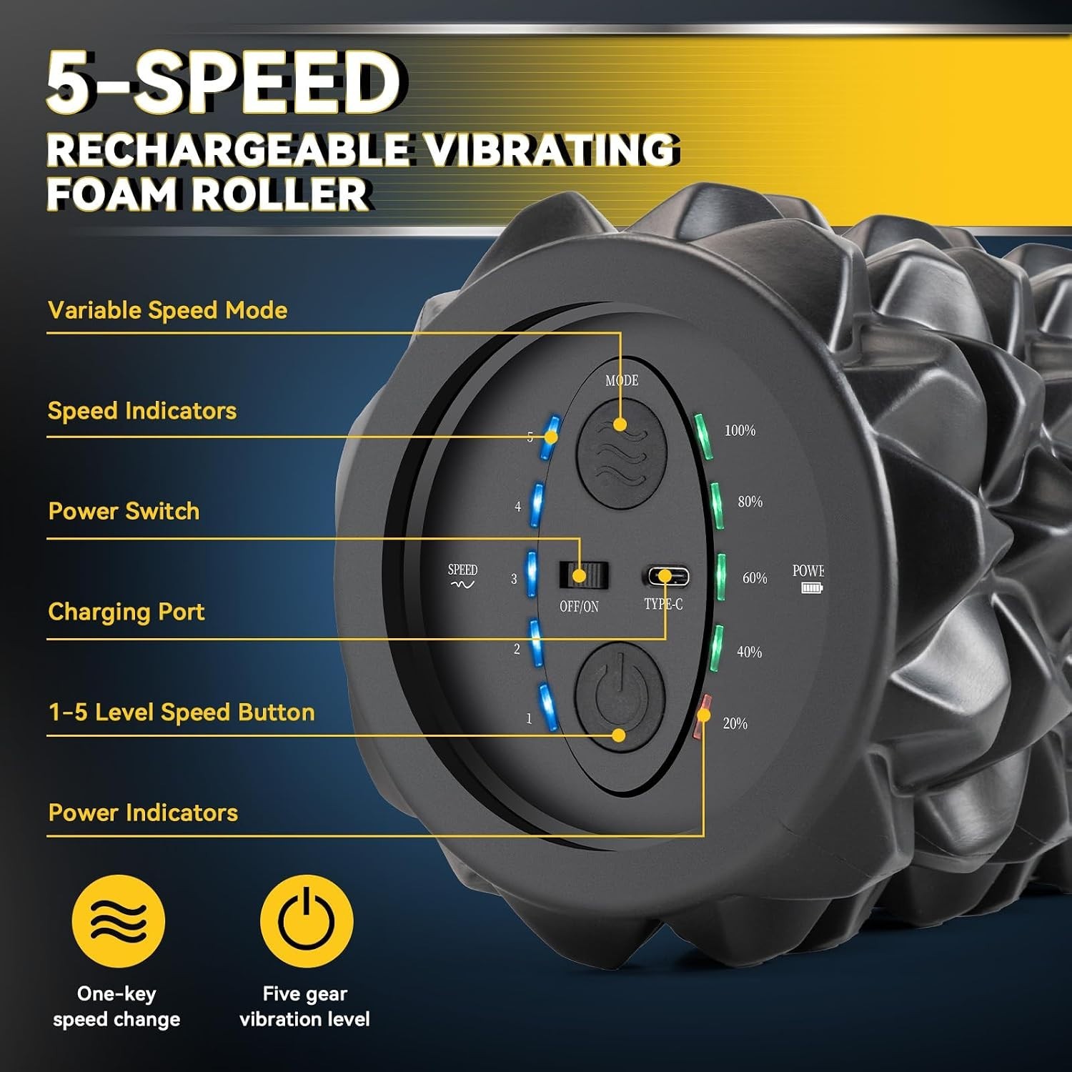 Vibrating Foam Roller 13In Rechargeable Massage Tool Deep Tissue Therapy