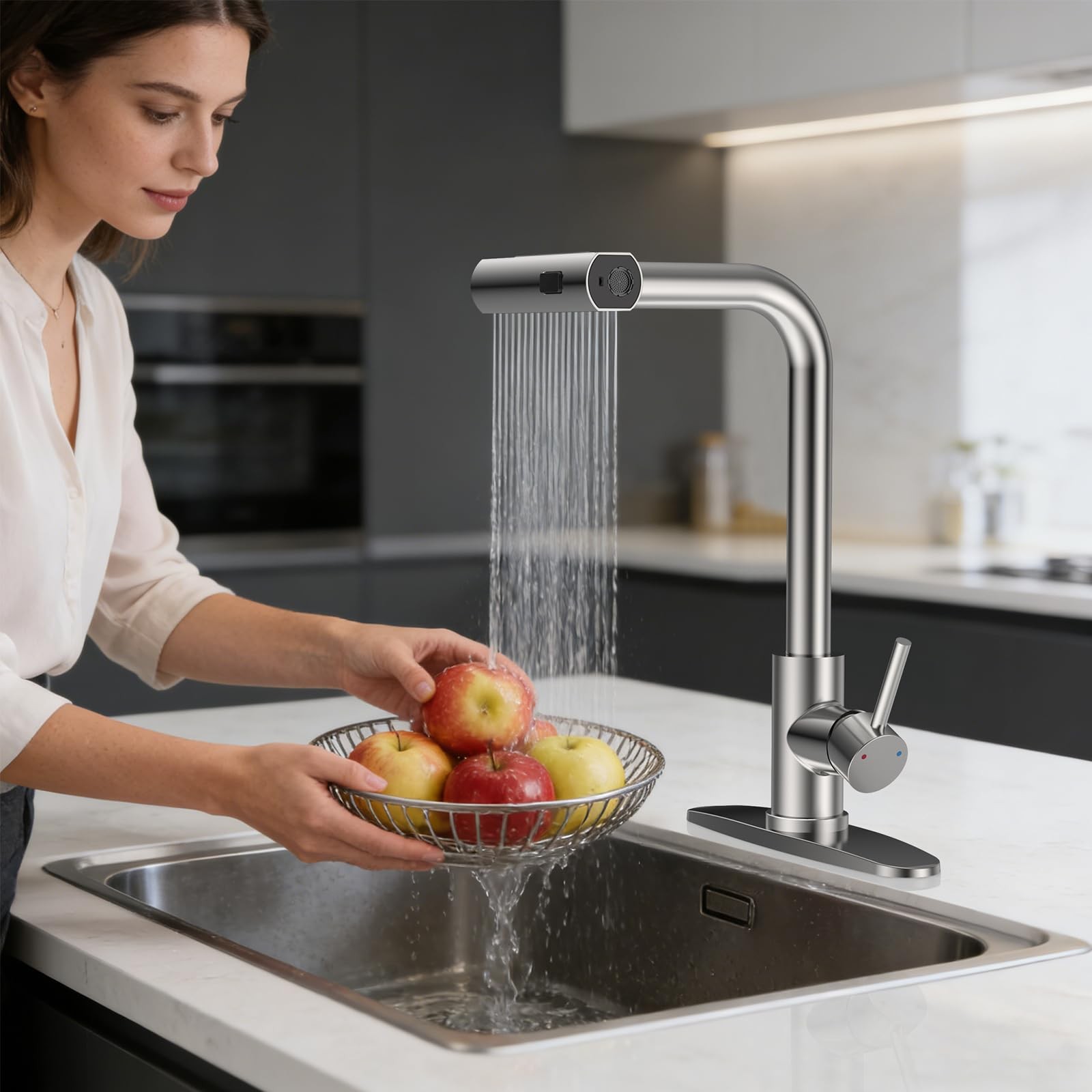 Kitchen Faucet Brushed Nickel 4-Mode Pull Down Sprayer - High Pressure Cleaning