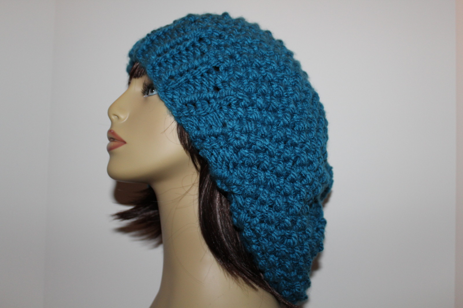 Chunky Hand Knit Boho Chic Turquoise Blue Slouchy Pom Pom Handmade Hat