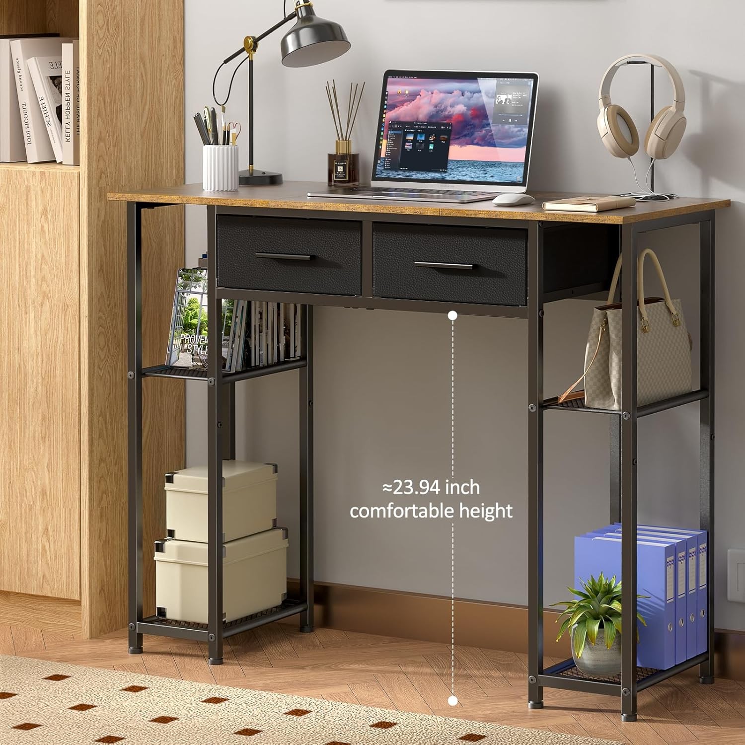 Computer Desk W/ Drawers 37.3 Inch Home Office Work Desk W/ Storage Shelf
