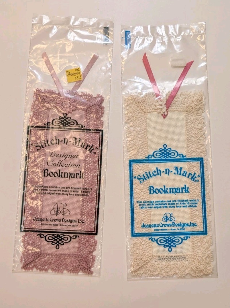 NEW Set of 2 Cross Stitch Bookmarks 18 count Rose Pink, Beige Aida Stitch-n-Mark