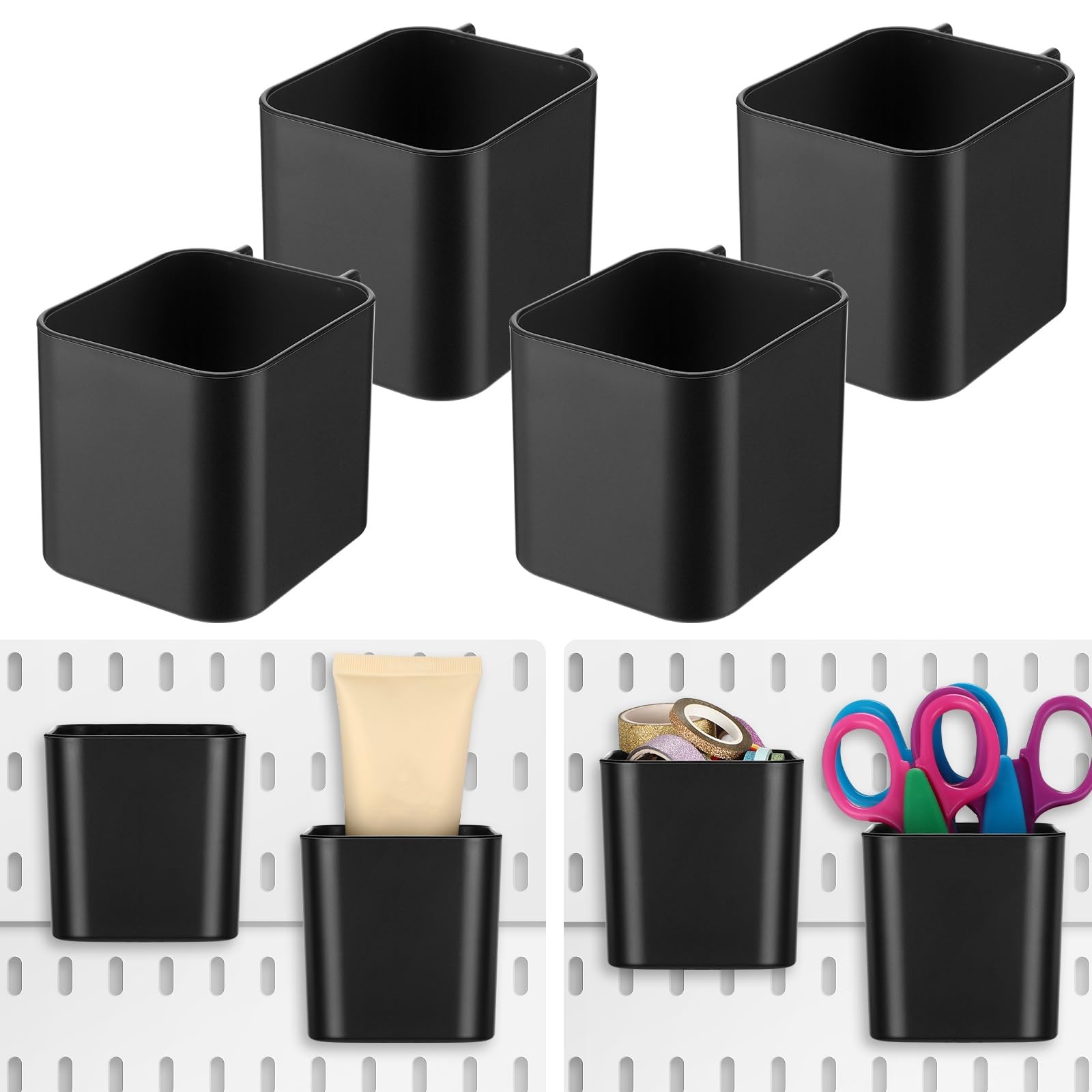4 PCS Pegboard Cups with Hooks 2.9x3.5x3.2 Inch Bins Organizer Black