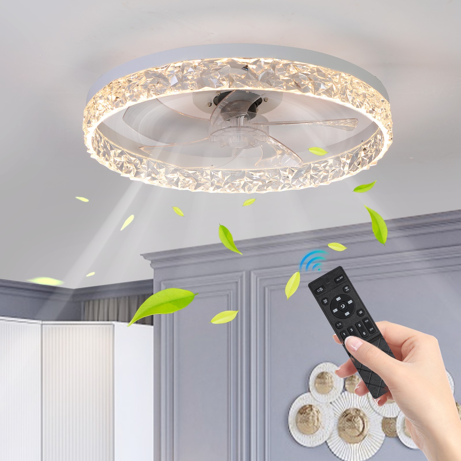 Modern Acrylic Ceiling Fan Light,Quiet Flush Mount for Living Room
