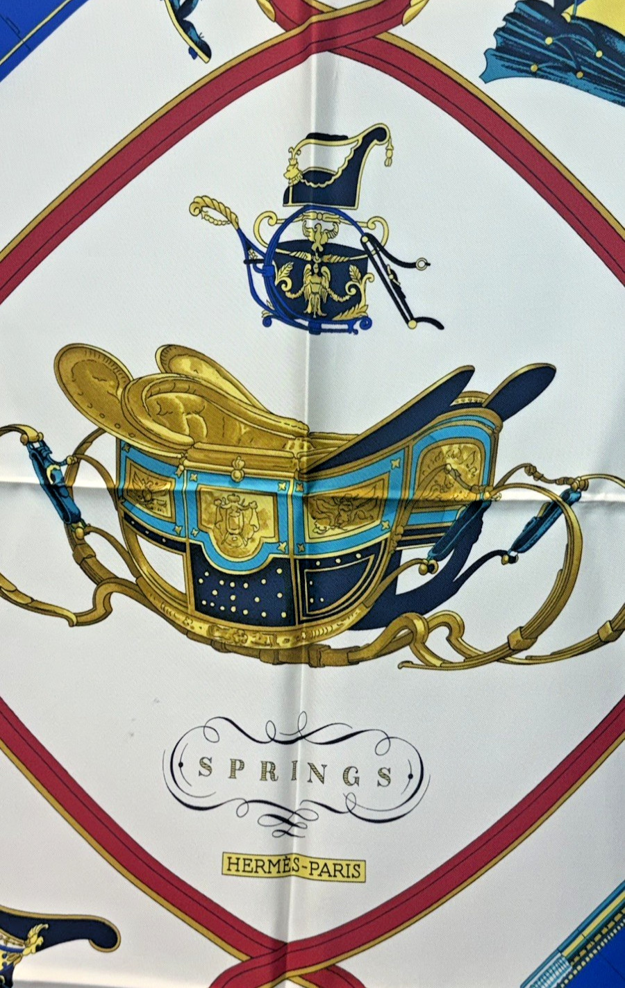 HERMES Vintage SPRINGS Silk Scarf Carré 90 “Springs” Red Ledoux Carriage French