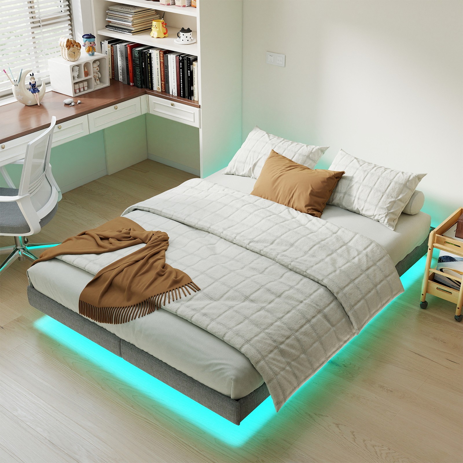 King Floating Bed Frame with LED Lights & Under Bed Storage No Box Spring Needed