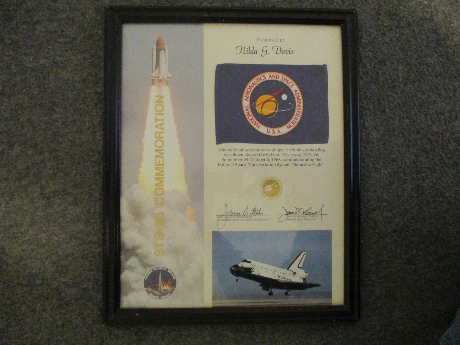 NASA SPACE SHUTTLE DISCOVERY STS-26 FLOWN FLAG CERTIFICATE "RETURN TO FLIGHT"