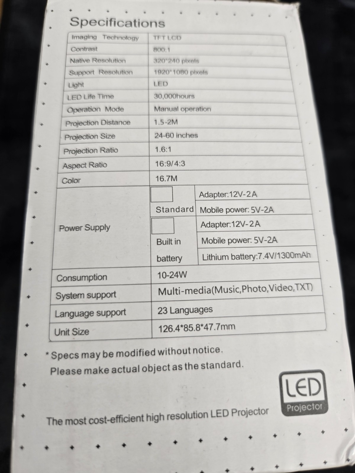 Portable High Resolution USB HDMI Mini LED Projector With Remote & AC/DC Adapter