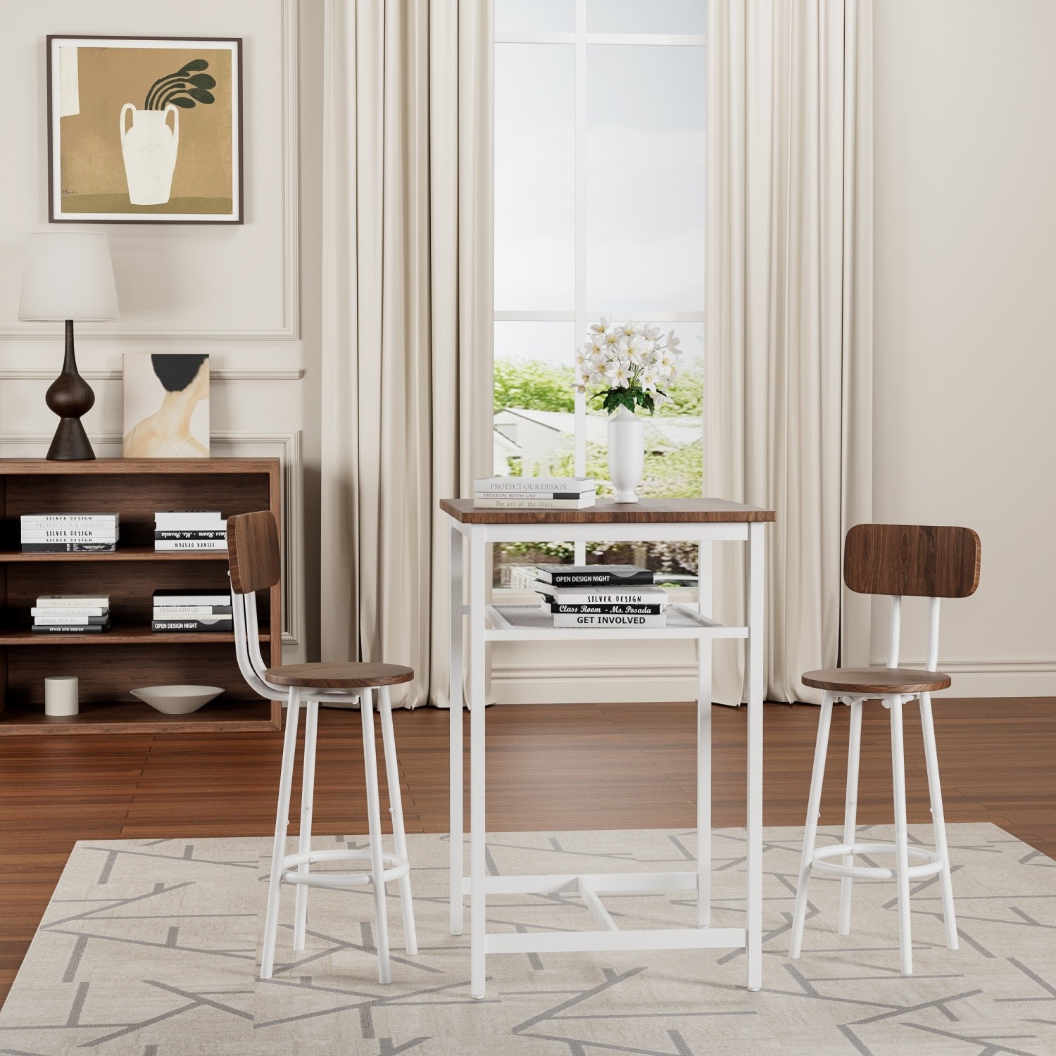 3 Piece Bar Table Set Counter Height Dining Kitchen Pub Table with 2 Stools