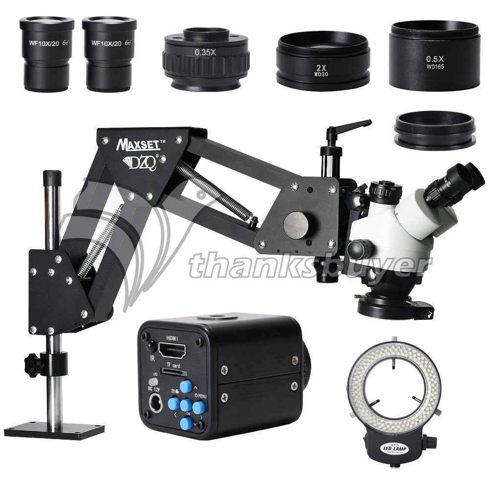 2K Camera 7X-90X Trinocular Stereo Microscope Camera Magnifier Stand 144-LED
