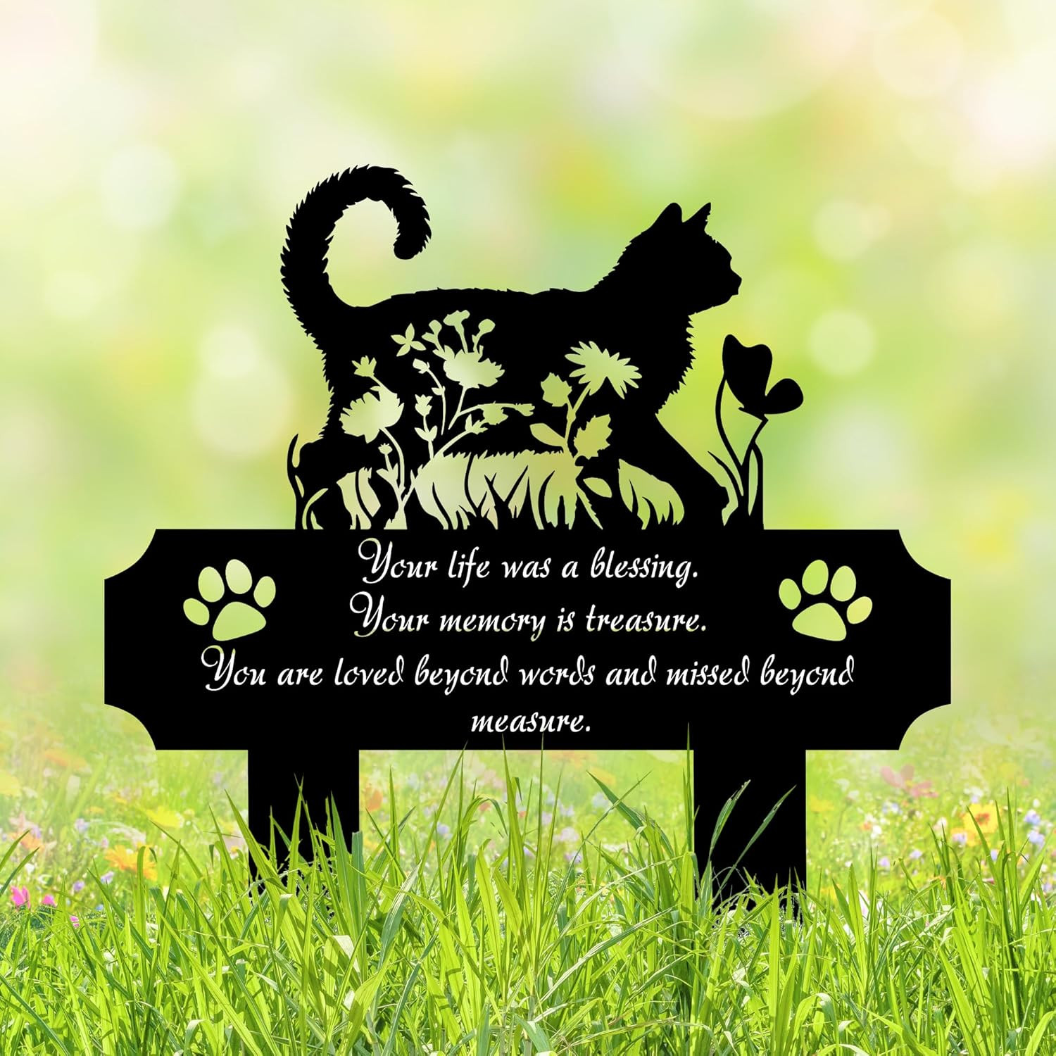 Cat Grave Marker Outdoor Memorial – 12In Metal Pet Memorial Plaque with Garden C