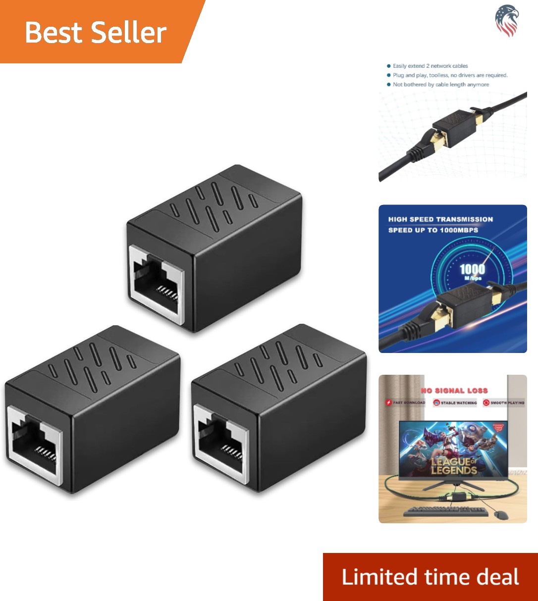 3 Pack Ethernet Coupler Female to Female Compatible with Cat7 Cat6 Cat5e Netw...
