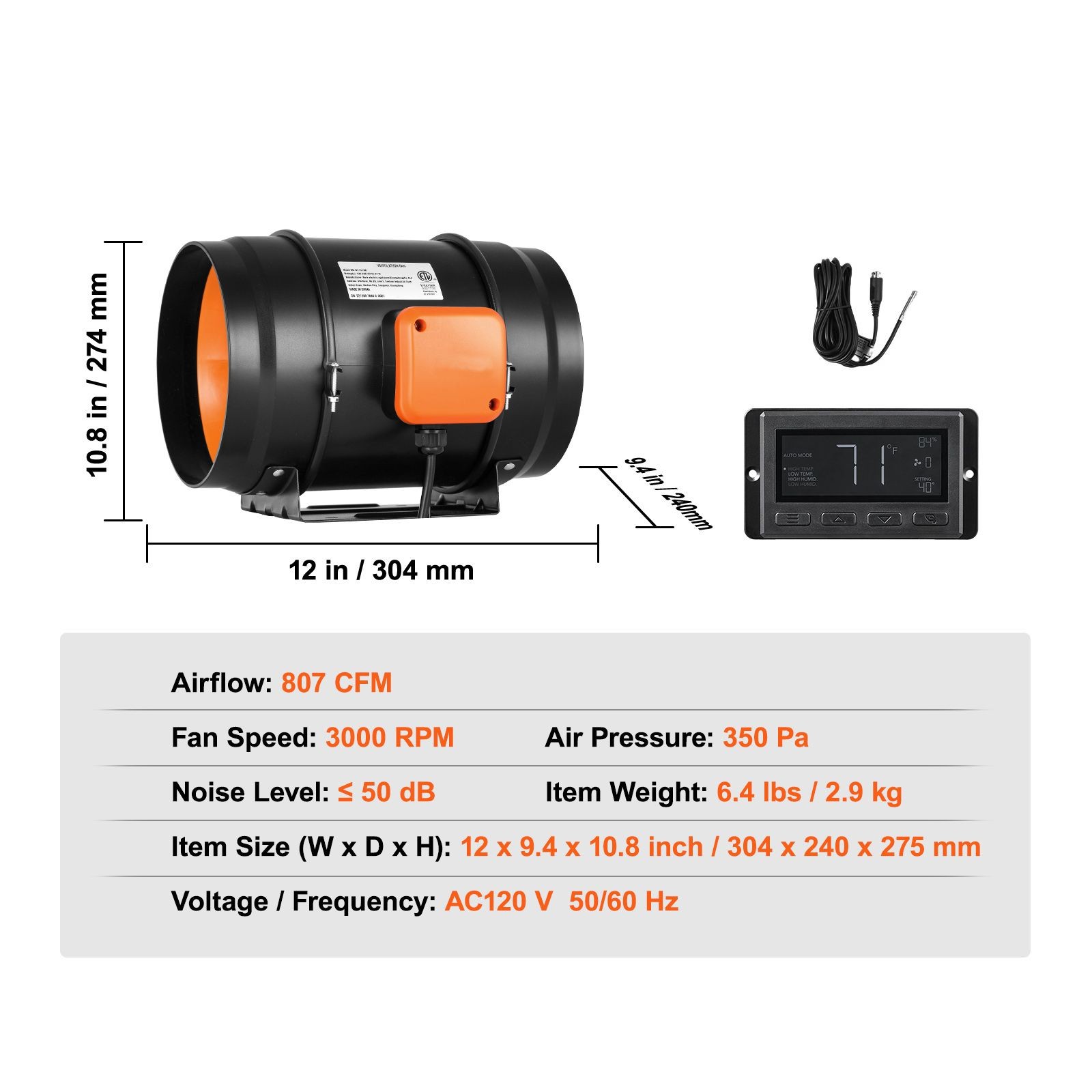8in 807CFM Inline Duct Fan w Temp Humidity Controller, Quiet EC Motor