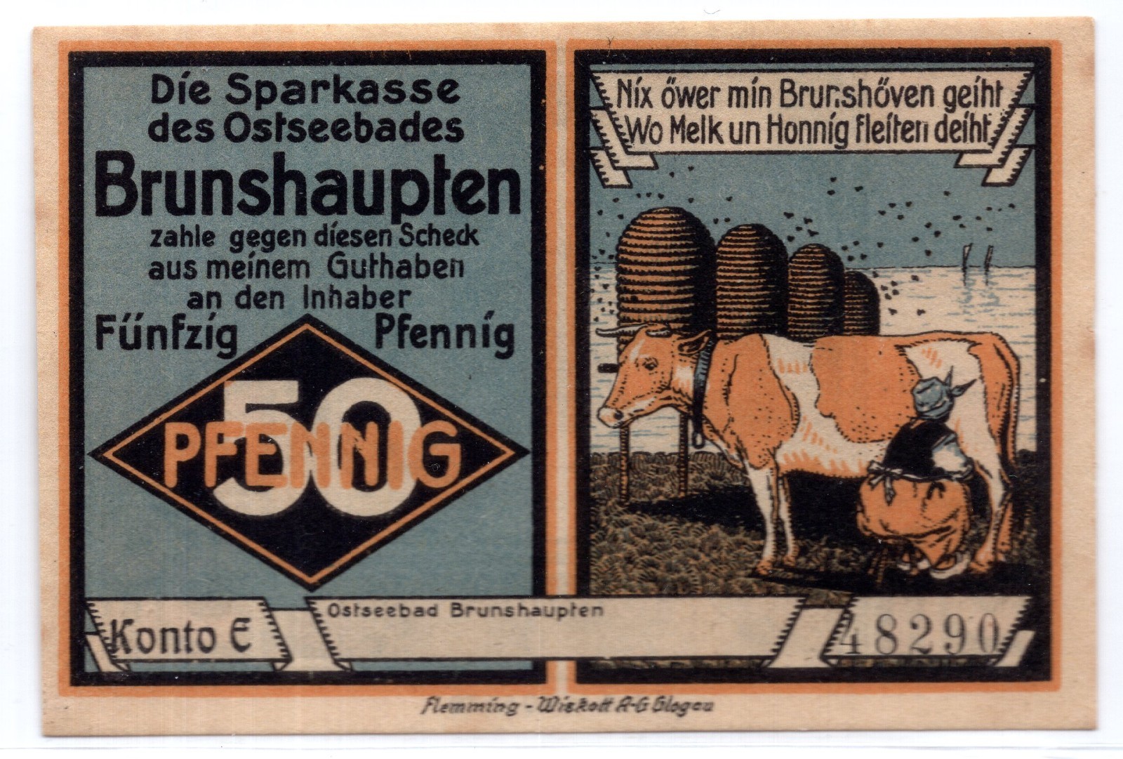1922 Germany Brunshaupten Notgeld 50 Pfennig Note (2930)